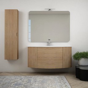 Mobile bagno 120 cm Rovere tabacco sospeso con specchio filo lucido e colonna da 140 cm