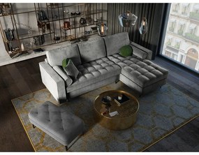 Divano letto angolare in velluto grigio chiaro, angolo destro Santo - Milo Casa