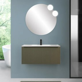 Mobile bagno sospeso 100 cm verde opaco cannettato con cassetto, specchio e lavabo Nara