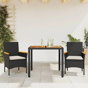 Set Pranzo Da Giardino 3 Pz Con Cuscini Nero Polyrattan Acacia /