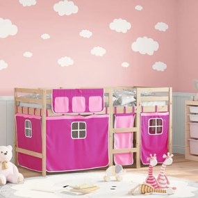 Letto A Soppalco Con Tende Bambini Rosa 90x200 Cm Massello Pino /
