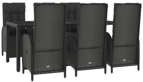 Set da pranzo da giardino 7 pz nero con cuscini in polyrattan