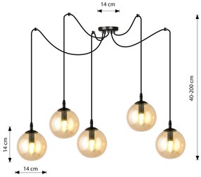 Lampadario 5 Luci Ginevra In Acciaio Nero Con Cavo Lungo E Vetri Ambra