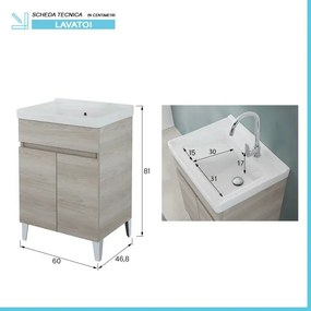 Mobile lavatoio 60x46,8 cm rovere grigio con vasca in ceramica bianca