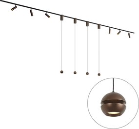 Sistema di illuminazione a binario moderno con 6 faretti e 4 luci a sospensione Easylift bronzo scuro monofase - Slimline Uzzy Tira