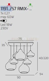 Sosp. ottone satinato 7 luci rettangolare vetri (2 x piccolo ru + 2...