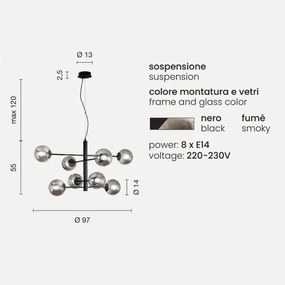 Lampada a sospensione ELISEO 97 cm a 8 Luci in metallo Nero e vetro soffiato Fumč