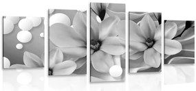 Quadri 5 pezzi – Magnolia bianca e nera su sfondo astratto