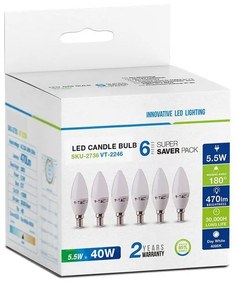 6 PZ Lampada A Led E14 C37 5,5W Bianco Caldo 2700K Forma Goccia Oliva Candela 200 Gradi 220V SKU-2736