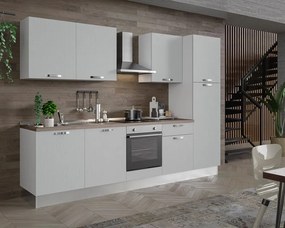 Cucina montata Dora bianco spatolato, lavello a sinistra, L 300 cm, completa di: cappa a camino, piano cottura a induzione, forno e frigorifero