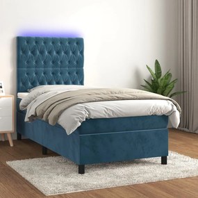 Letto a molle con materasso e led blu scuro 100x200 cm