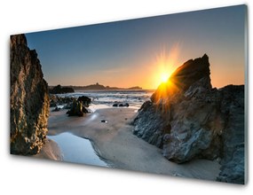 Quadro vetro acrilico Spiaggia rocciosa Paesaggio del sole 100x50 cm