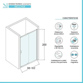 Porta doccia nicchia 100 cm scorrevole con vetro in cristallo trasparente Ted