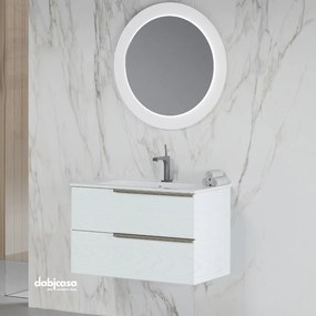 Mobile Bagno Sospeso "Oikos" Da 80 Cm Composto Da Due Cassetti Lavabo E Specchio Finitura Bianco Alaska