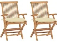 Sedie da Giardino 2 pz Cuscini Bianco Crema in Massello di Teak 3062504