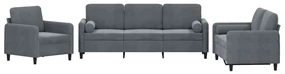 Set di divani 3 pz con cuscini grigio scuro in velluto