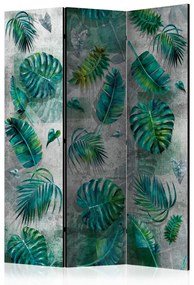 Paravento separè Giungla modernista (3-parti) - foglie verdi su sfondo grigio