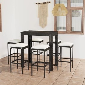 Set bar da giardino 7 pz con cuscini in polyrattan nero