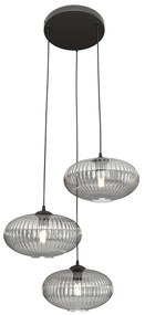 Lampadario 3 Luci Iris Base Tonda In Acciaio Nero Paralume Plissettato Fumè