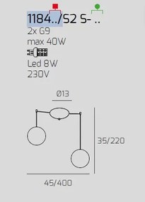 Sospensione bianco 2 luci spostabile vetri tr + am 1184bi-s2 s-ta