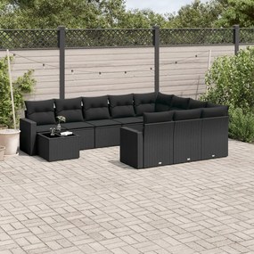 Set divani da giardino 11 pz con cuscini in polyrattan nero