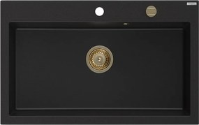Mexen Elix lavello in granito a 1 vasca 800 x 500 mm, nero, sifone dorato - 6527801005-77-G