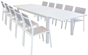 DEXTER - set tavolo giardino rettangolare allungabile 200/300x100 con 10 sedie in alluminio bianco e textilene da esterno