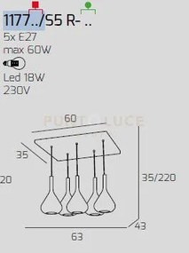 Sospensione cromo 5 luci rettangolare vetri trasparente 1177cr-s5 r-tr