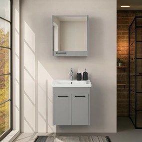 Mobile bagno sospeso 55 cm grigio chiaro effetto legno con armadietto a specchio Sofia