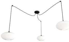 Lampadario 3 Luci Elios In Acciaio Nero Paralume Plissettato Bianco