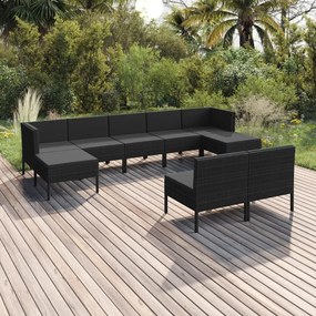 Set divani da giardino 9 pz con cuscini in polyrattan nero