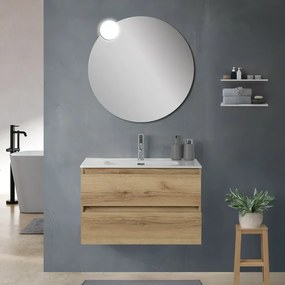 Mobile bagno sospeso 80 cm in legno quercia naturale 2 cassettoni con lavabo e specchio Leda