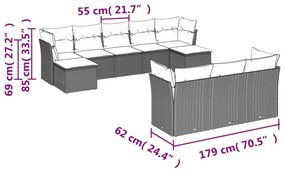 Set divano da giardino 10 pz con cuscini grigio in polyrattan