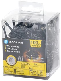 Aigostar - Catena luminosa natalizia LED da esterno, 100 LED, 8 funzioni, alimentazione 3×AA, 5,3 m, IP44, bianco caldo