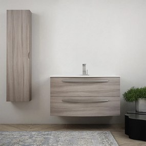 Mobile bagno 100 cm moderno sospeso curvo Larice modello Berlino con colonna da 140 cm