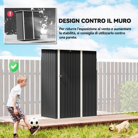 Capanno Porta Attrezzi 142x86x189 cm con Tetto Inclinato e Porta Bloccabile in Metallo Grigio Scuro...