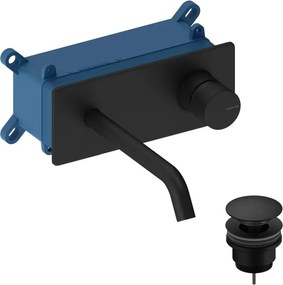 Rubinetto per lavabo Loop k monocomando a parete per lavabo bocca 18cm + corpo incasso + piletta di scarico + placa rettangolare black matt