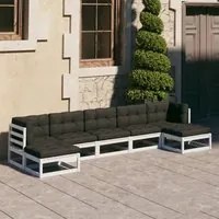 Set Divani da Giardino 7 pz con Cuscini Massello di Pino Bianco 3077125