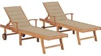 Lettini Prendisole 2 pz con Tavolo e Cuscino Beige in Teak 3073189