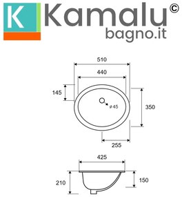 Kamalu - lavabo sottopiano ovale 51cm in ceramica bianca | litos-s650