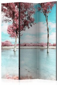 Paravento design Paesaggio autunnale (3-parti) - panorama di un lago con alberi rosa