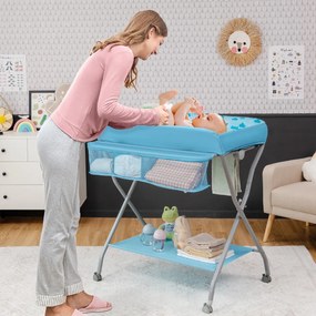 Costway Fasciatoio pieghevole per bambini con cesto ampio e mensola, Organizer nursery con ruote bloccabili Blu