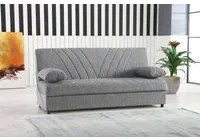 Divano letto Ramon, Divano letto contenitore a 3 posti con 2 cuscini inclusi, Sof da soggiorno in tessuto imbottito con apertura click-clack, Cm 181x81h88, Grigio