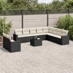 Set divani da giardino 11 pz con cuscini in polyrattan nero