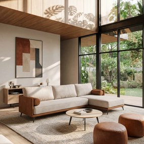 Basalto divano bicolore angolare con penisola e base in metallo - schienali in piuma e tessuto smacchiabile T31