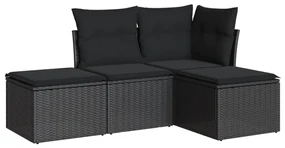 Set divani da giardino 4 pz con cuscini nero in polyrattan