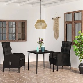 Set da pranzo per giardino 3 pz con cuscini nero