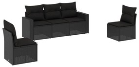 Set divani da giardino 5 pz con cuscini in polyrattan nero