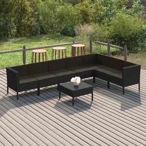 Set divani da giardino 8 pz con cuscini in polyrattan nero