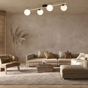 Plafoniera Contemporanea 4 Luci Eracle In Acciaio Oro/Nero E Sfere Vetro Bianco